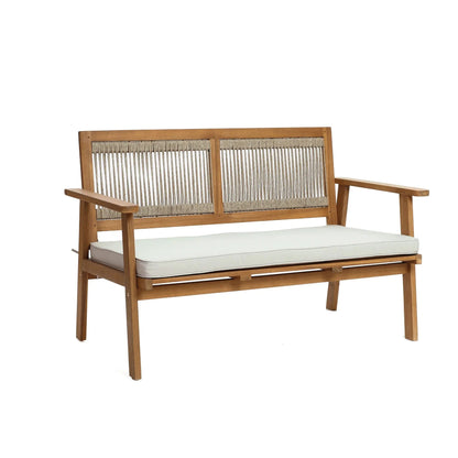 RetailsSup 4-Piece Outdoor Patio Seating Set – Acacia Wood Frame, Rope Backrests, Loveseat, 2 Armchairs, Coffee Table