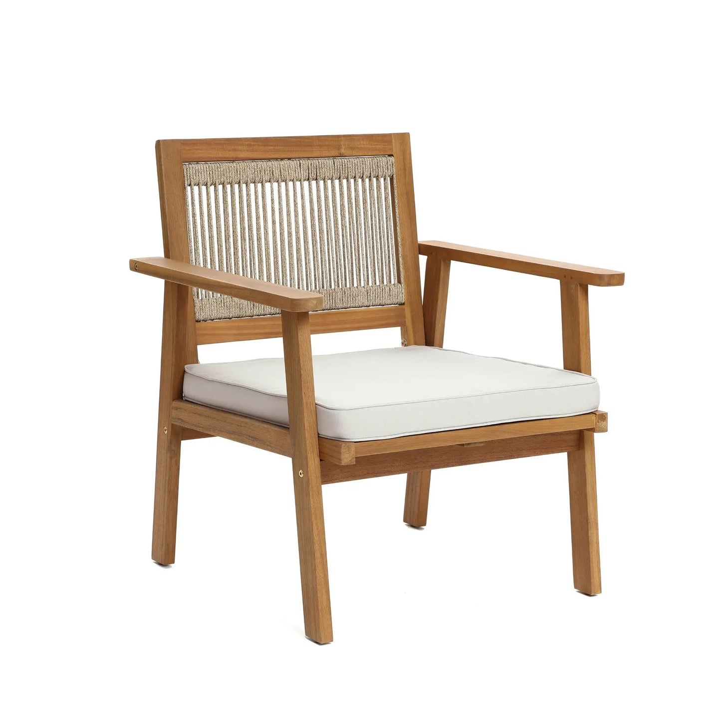 RetailsSup 4-Piece Outdoor Patio Seating Set – Acacia Wood Frame, Rope Backrests, Loveseat, 2 Armchairs, Coffee Table